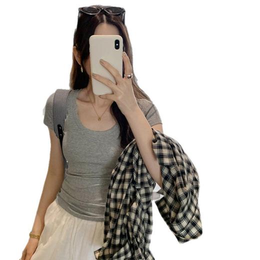 【显身材！透气舒适】辣妹正肩U领短袖T恤女春夏南油新款韩系修身小心机女装打底衫。xb 商品图4