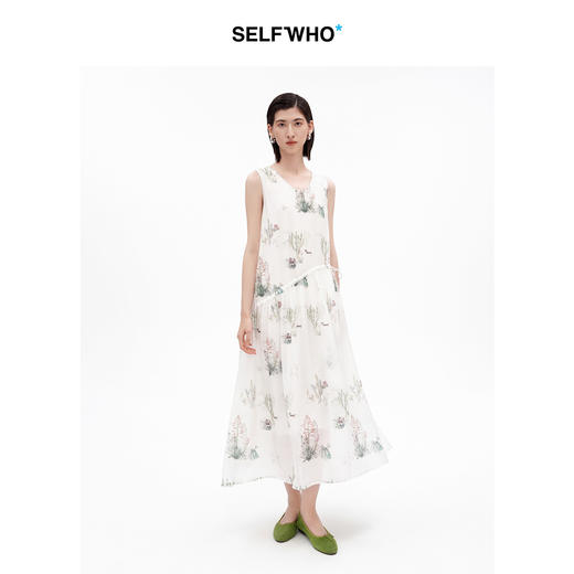SELFWHO天丝混纺法式仙人掌小狗印花U领连衣裙女2026夏季新款长裙 商品图2