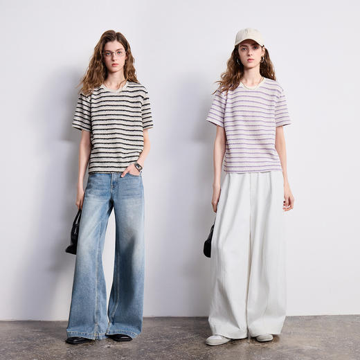 初语条纹T恤女新款小香风圆领合体时尚重工上衣8621032 商品图4