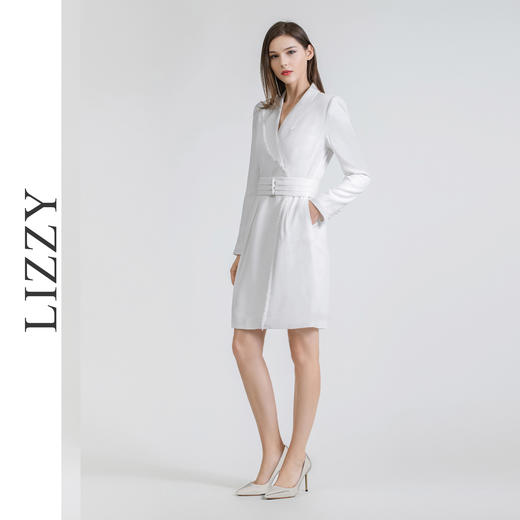 LIZZY 气质知性OL范缎面西装领不对称手工流苏边连衣裙（配腰带）7413 商品图1