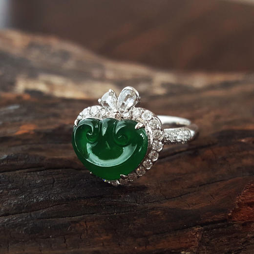 【天然正品】A货翡翠AU750白金镶钻镶天然细腻冰种满绿如意（万事如意）翡翠戒指 8号（戒圈可改）250326NJM40 商品图3