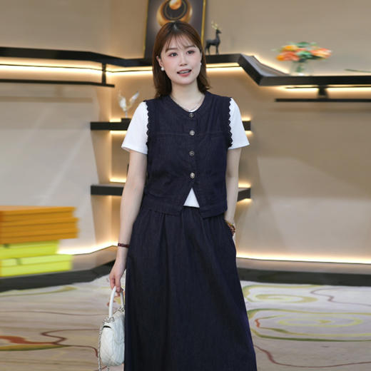 奢姿大码女装2026夏季牛仔马甲半身裙两件套胖妹妹减龄遮肉套装9962972272 商品图2