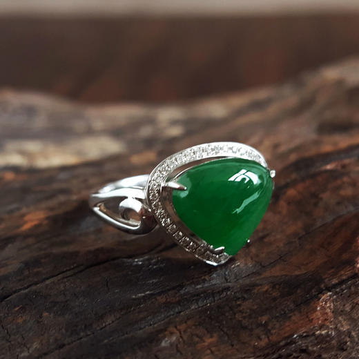 【天然正品】A货翡翠AU750白金镶钻镶天然细腻糯种满绿水滴蛋面翡翠戒指 14.5号（戒圈可改）141125AH16 商品图6