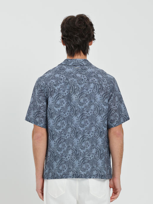 callisto蓝色莱赛尔混纺亚麻植物印花短袖衬衫 商品图4