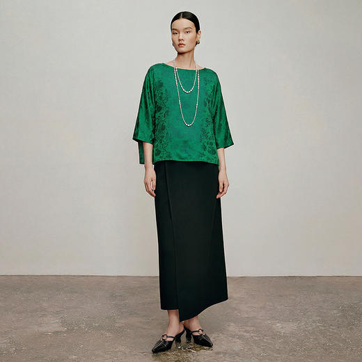 【林栖设计小店】琉璃繁缕|绿色优雅提花百搭宽松显瘦夏新品衬衫上衣T1962302 商品图2