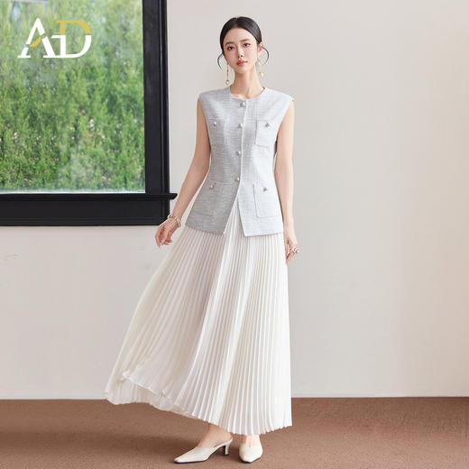 AD小香风套装女夏2026新款轻奢高级感洋气马甲白色压褶裙子两件套 商品图2