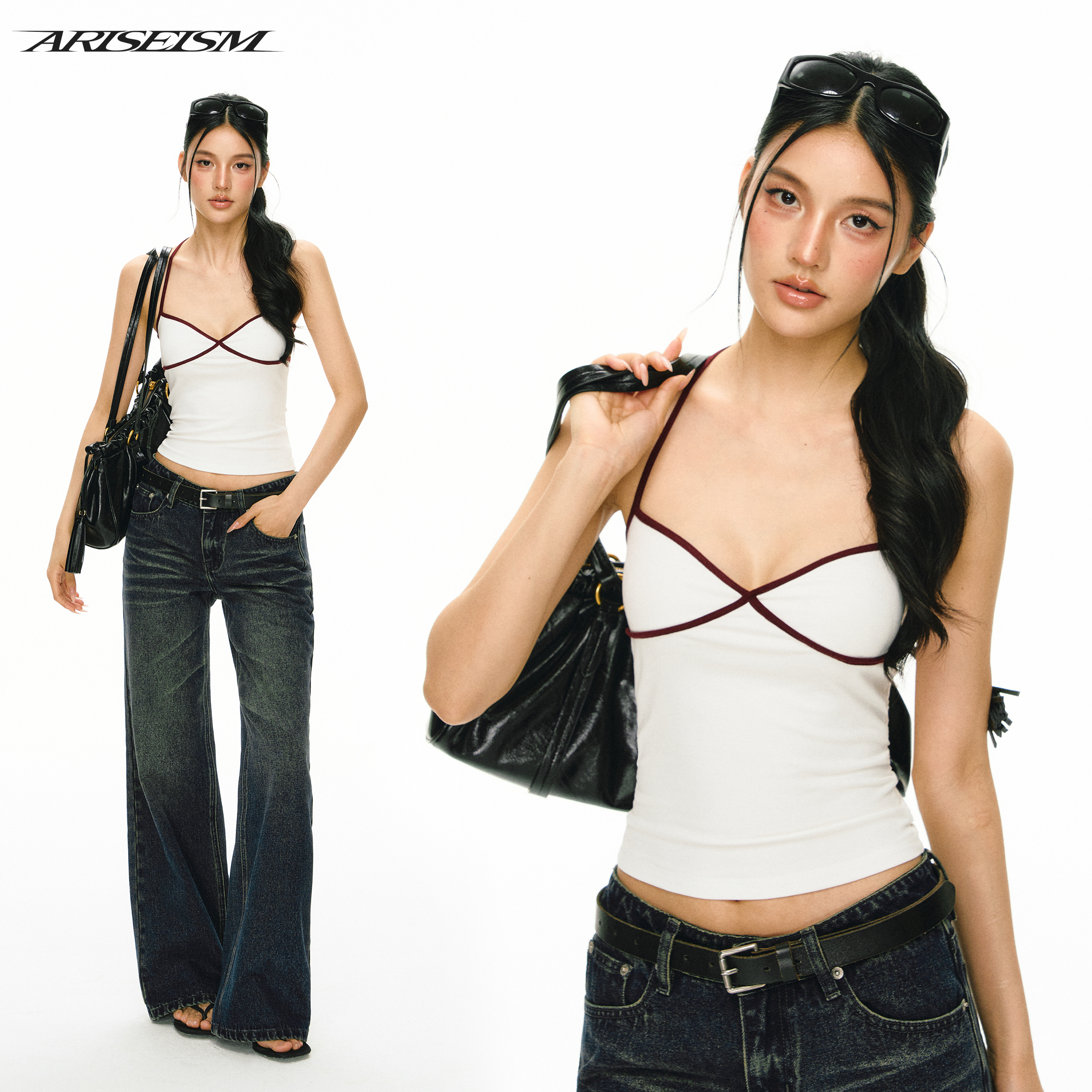 Ariseism 美式复古撞色露背吊带女夏季新款外穿上衣