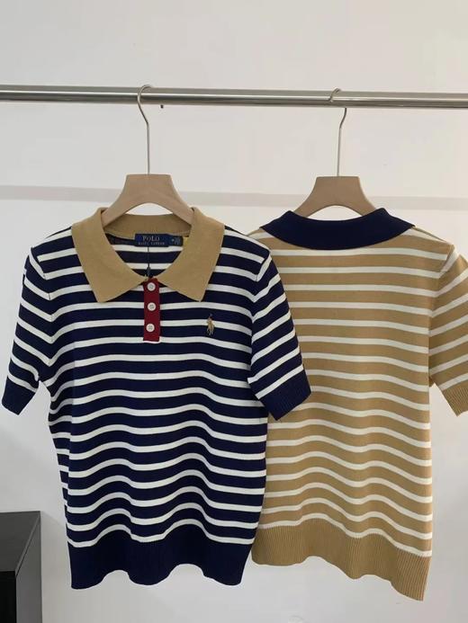 【xjwm1】贵子新款女士时尚条纹针织翻领短袖T恤！！ 商品图1