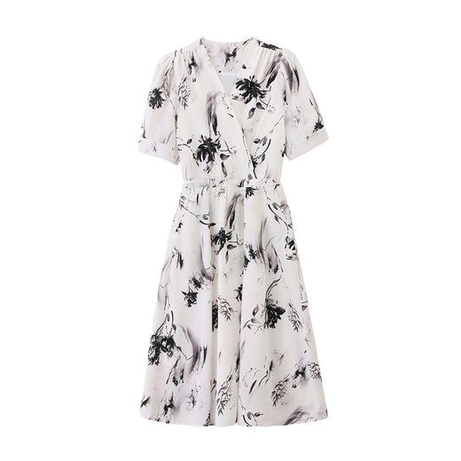 「自」全新升级【铂金会员257/天猫339/差价82】(01233)洛诗琳法式水墨印花连衣裙女2026新款气质V领收腰显瘦茶歇裙 商品图4