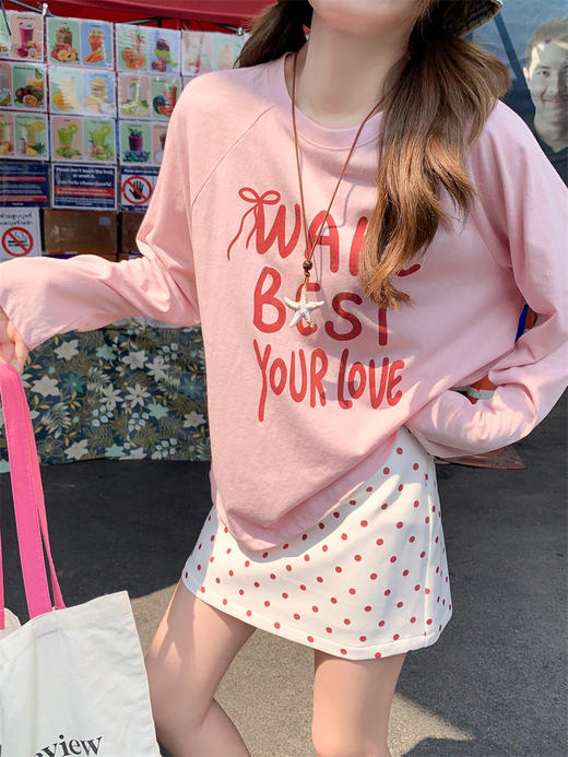 <曾小咸推荐>韩系粉色圆领印花t恤波点半裙【预售3-15天发货】 商品图7