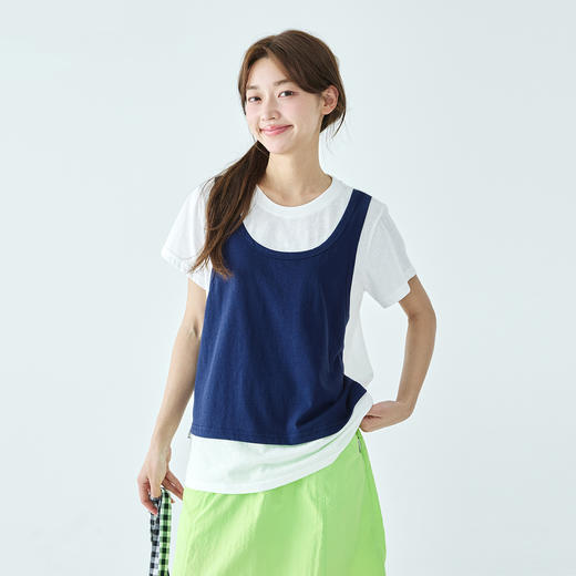 棵初26年夏季新款亲子中大女童假两件拼色T恤雪花棉亲肤宽松短袖 商品图4