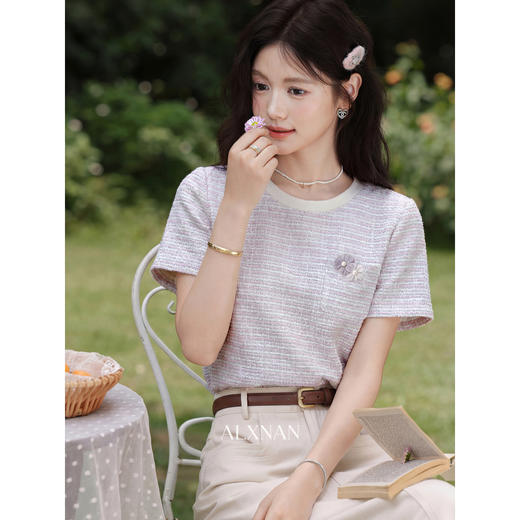 鹿向南【0410/20:00新品前1小时5折限量100件】短袖紫色T恤上衣女 商品图3