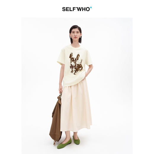 SELFWHO纯棉腊肠犬小狗图案T恤女2026夏新款圆领落肩通勤短袖上衣 商品图2