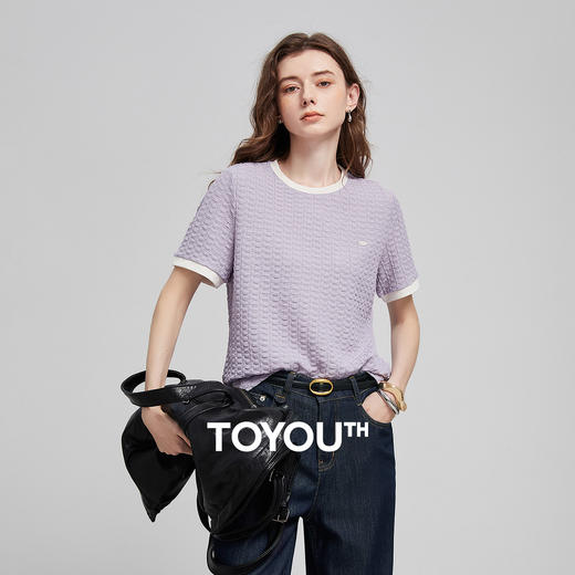 初语浮雕肌理短袖T恤女泡泡褶新款撞色圆领别致上衣8621803 商品图0
