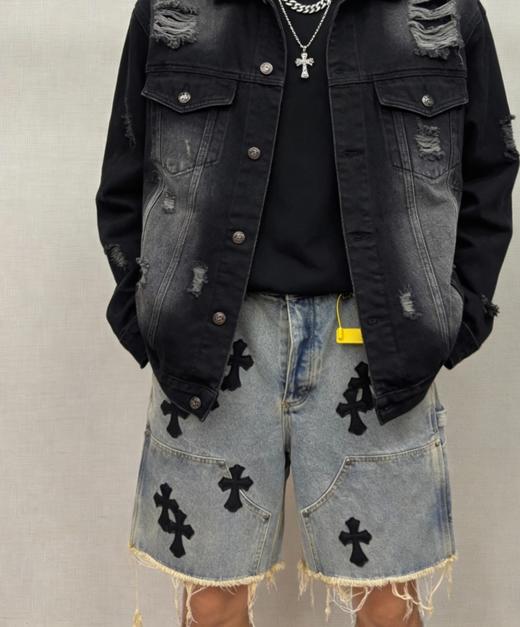 中性款十字架毛边休闲短裤la009 商品图3