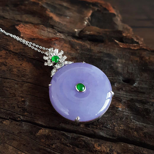 【天然正品】A货翡翠AU750收藏级白金镶钻镶天然细腻糯种浓紫罗兰平安扣翡翠吊坠项链010426NJT02 商品图3