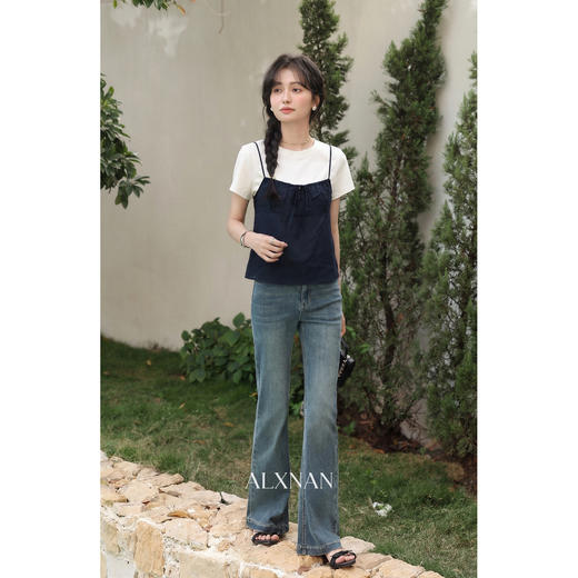 鹿向南「晴屿絮茉」纯色真两件圆领T恤正肩短袖女夏短款法式上衣 商品图2