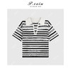 04-3潘依绣丁丁宠粉100%绵羊毛松弛撞色条纹POLO领短袖针织上衣Q98561 商品缩略图0
