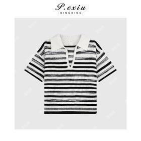 04-3潘依绣丁丁宠粉100%绵羊毛松弛撞色条纹POLO领短袖针织上衣Q98561