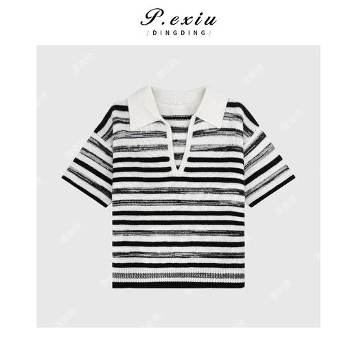 04-3潘依绣丁丁宠粉100%绵羊毛松弛撞色条纹POLO领短袖针织上衣Q98561 商品图0