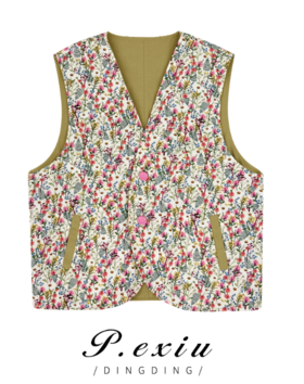 04-3潘依绣丁丁宠粉新款碎花V领通勤休闲百搭无袖马甲 W-61509