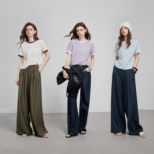 初语浮雕肌理短袖T恤女泡泡褶新款撞色圆领别致上衣8621803 商品图4