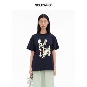 SELFWHO纯棉腊肠犬小狗图案短袖T恤女2026夏新款宽松圆领通勤上衣