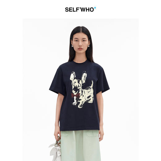 SELFWHO纯棉腊肠犬小狗图案短袖T恤女2026夏新款宽松圆领通勤上衣 商品图0
