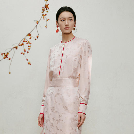 【林栖设计小店】妃子笑|烟粉色金丝蝴蝶提花夏新款衬衫上衣1962071 商品图0