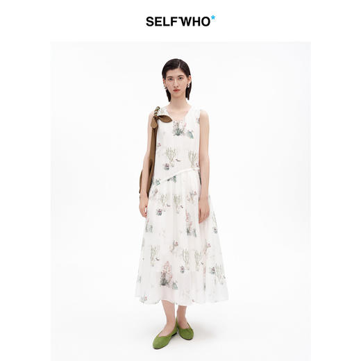 SELFWHO天丝混纺法式仙人掌小狗印花U领连衣裙女2026夏季新款长裙 商品图0