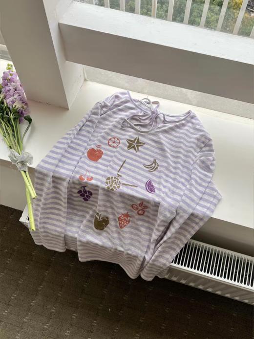 nothe Case布然/NC261819Z/「时钟海岸」竹节条纹 趣味印花宽松防晒夏日系带T恤 商品图3