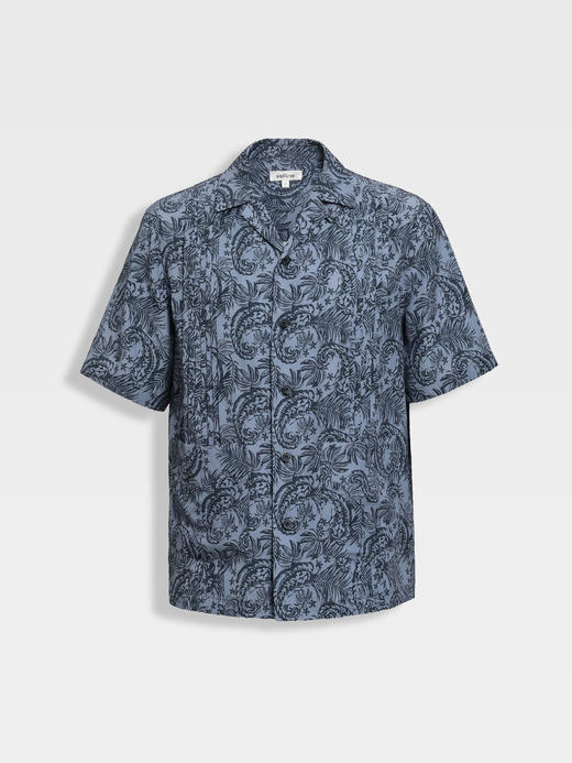 callisto蓝色莱赛尔混纺亚麻植物印花短袖衬衫 商品图0