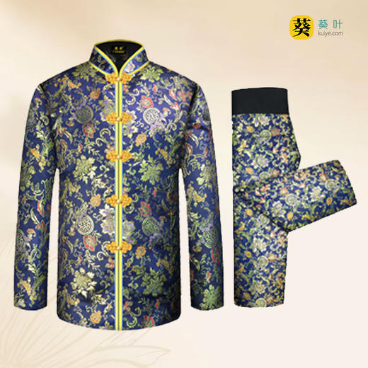 女士寿衣金丝唐装蓝色寿花薄款6件套寿衣寿服套装 商品图1