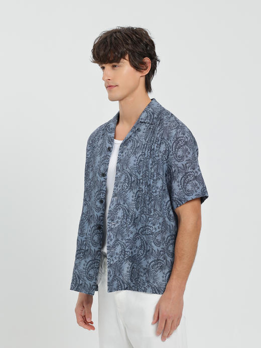 callisto蓝色莱赛尔混纺亚麻植物印花短袖衬衫 商品图3