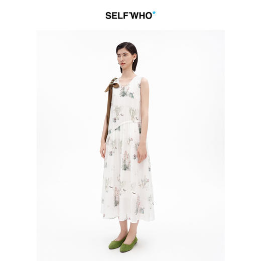 SELFWHO天丝混纺法式仙人掌小狗印花U领连衣裙女2026夏季新款长裙 商品图1