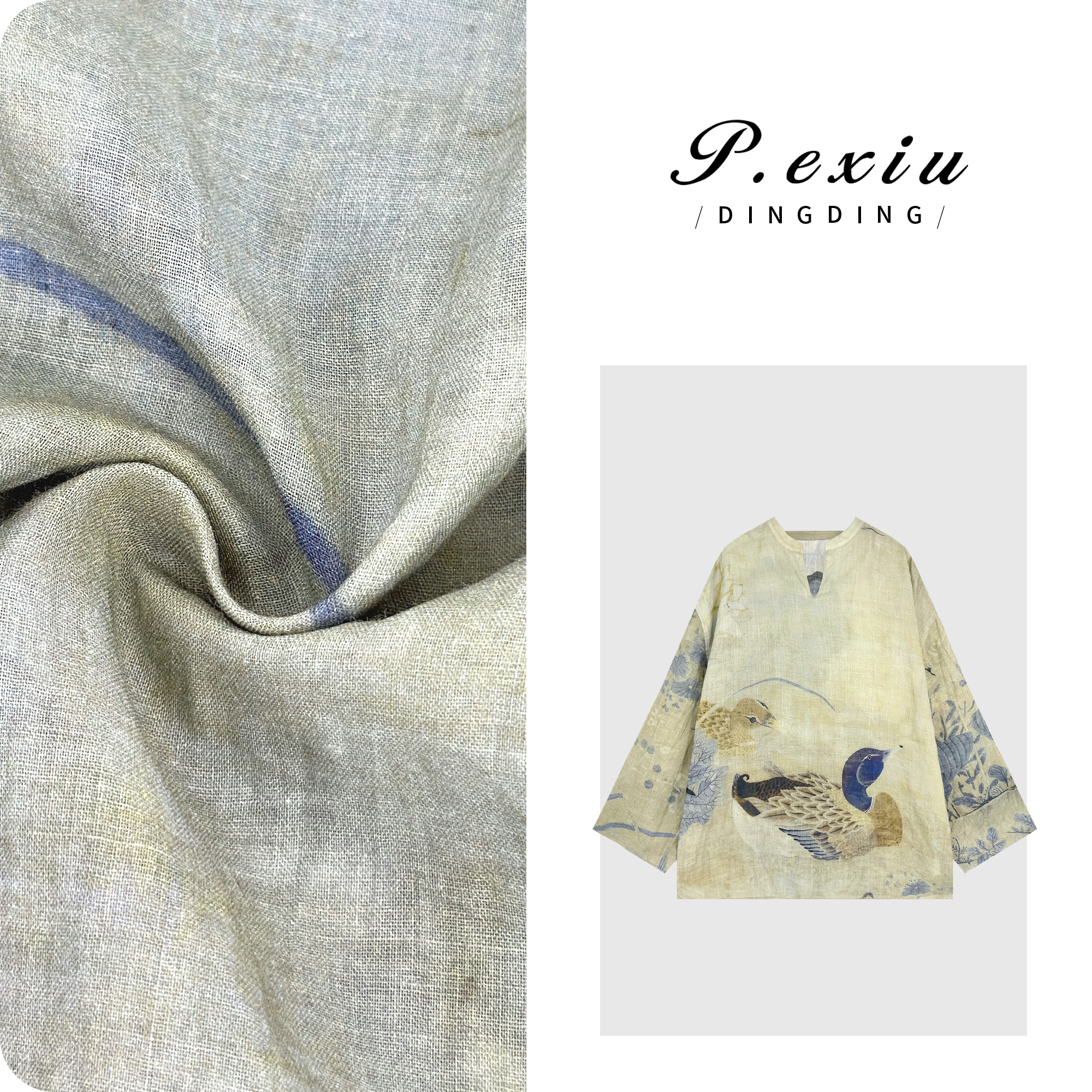 04-3潘依绣丁丁宠粉【苎上秋野】100%苎麻国风鸳鸯印花V领长袖衬衫M8855