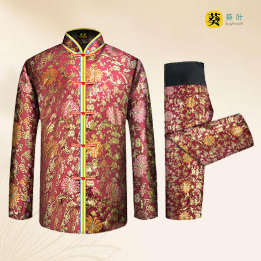 女士寿衣金丝唐装枣红寿花薄款6件套寿衣寿服套装 商品图1