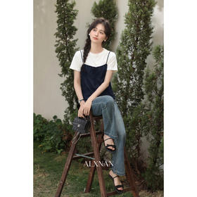 鹿向南「晴屿絮茉」纯色真两件圆领T恤正肩短袖女夏短款法式上衣