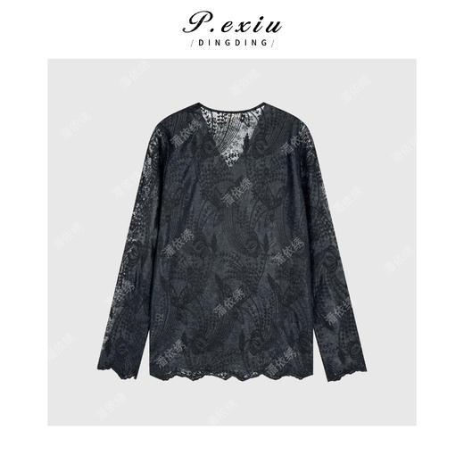 04-3潘依绣丁丁宠粉【椰蓉布丁】温柔风勾花刺绣花边V领长袖上衣 W-63297 商品图2