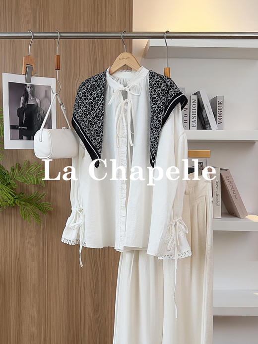 专柜实拍【温柔老钱感！】拉夏贝尔/La Chapelle法式镂空花边暗扣系带设计全棉长袖衬衫韩系小众上衣女 商品图7