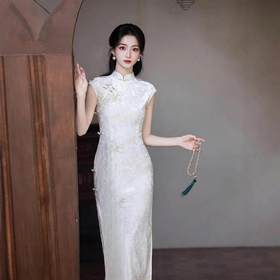白色丝绒春夏新款竹叶刺绣改良新中式素雅气质长款旗袍MZ