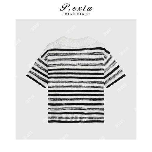 04-3潘依绣丁丁宠粉100%绵羊毛松弛撞色条纹POLO领短袖针织上衣Q98561 商品图1