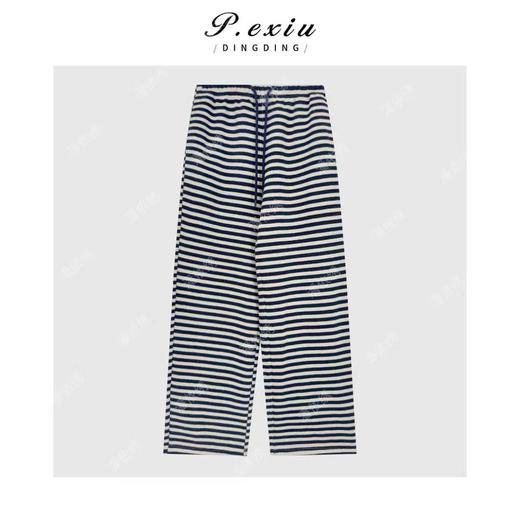 04-3潘依绣丁丁宠粉美式慵懒风撞色条纹宽松松紧腰直筒休闲裤W-63533 商品图1