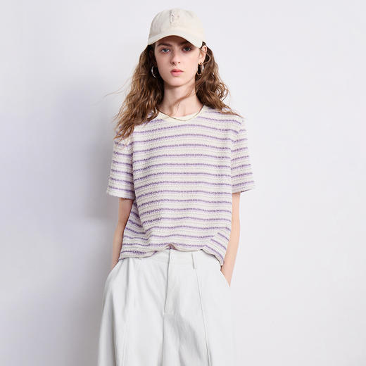 初语条纹T恤女新款小香风圆领合体时尚重工上衣8621032 商品图1