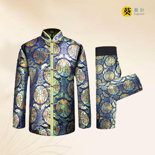 男士寿衣金丝唐装蓝色寿团薄款6件套寿衣寿服套装 商品图1