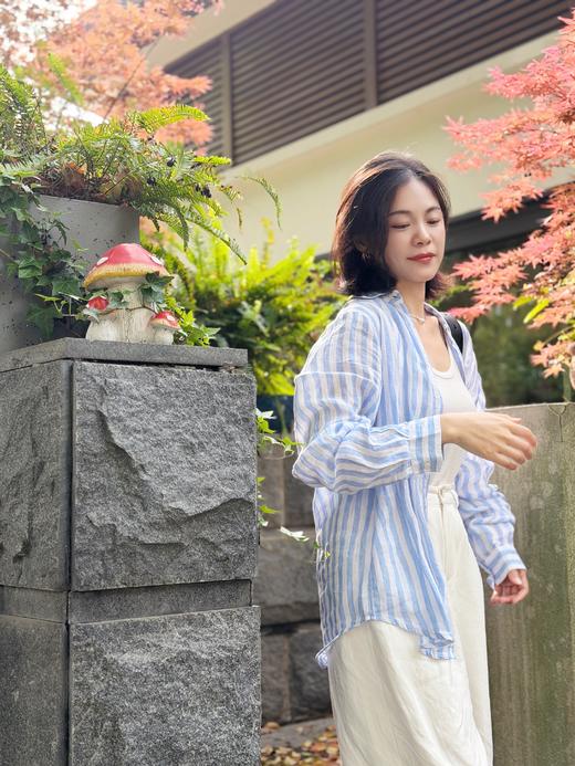 【土豆妈同款】彩色亚麻条纹衬衫 ，精致翻领设计修饰脖颈线条，天然环保，透气舒适 商品图0