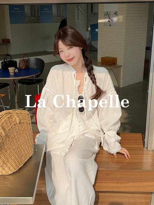 专柜实拍【温柔老钱感！】拉夏贝尔/La Chapelle法式镂空花边暗扣系带设计全棉长袖衬衫韩系小众上衣女 商品图0