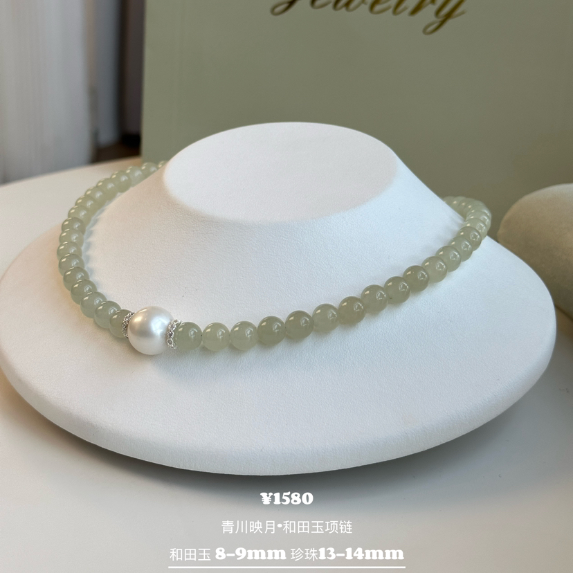 和田玉 温润 高品质 配淡水无核珍珠 13mm 近正圆 细微瑕 无核的质感真的好温柔 很亮 项链纯银扣 母亲节自留或送妈妈 实力宠粉