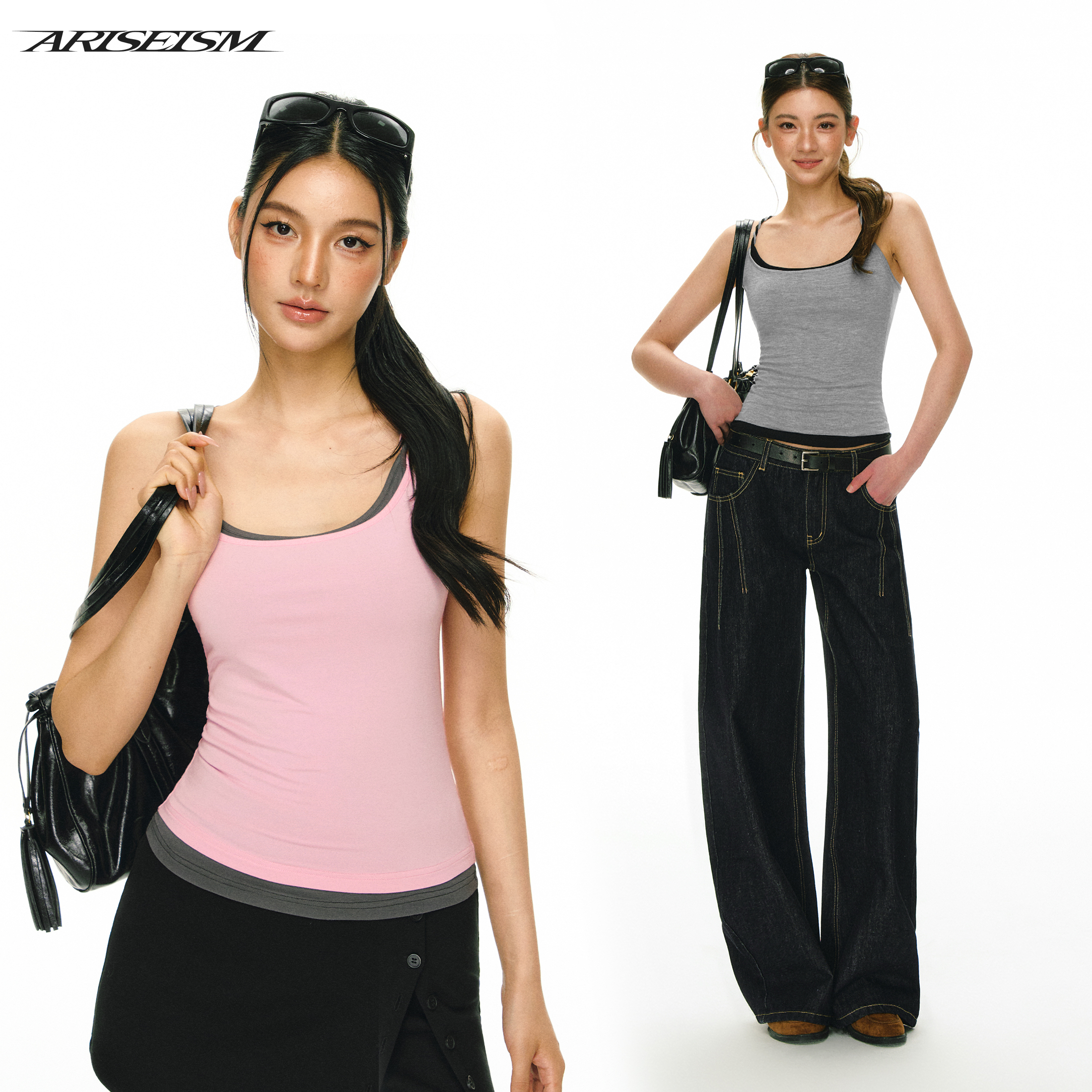 Ariseism 美式复古撞色肩带绞花吊带女夏季新款外穿上衣