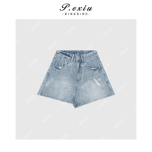 04-3潘依绣丁丁宠粉潘依绣 夏日氛围感韩系水洗磨破百搭牛仔短裤 D6507 商品图1